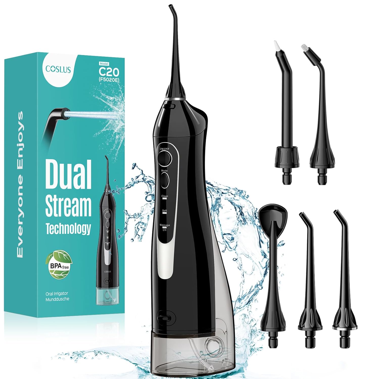 COSLUS Water Dental Flosser Teeth Pick C20(F5020E): Portable Cordless Oral Irrigator 300ML Rechargeable Travel Irrigation Cleaner IPX7 Waterproof Electric Flossing Machine for Teeth Cleaning Ürün ana görseli