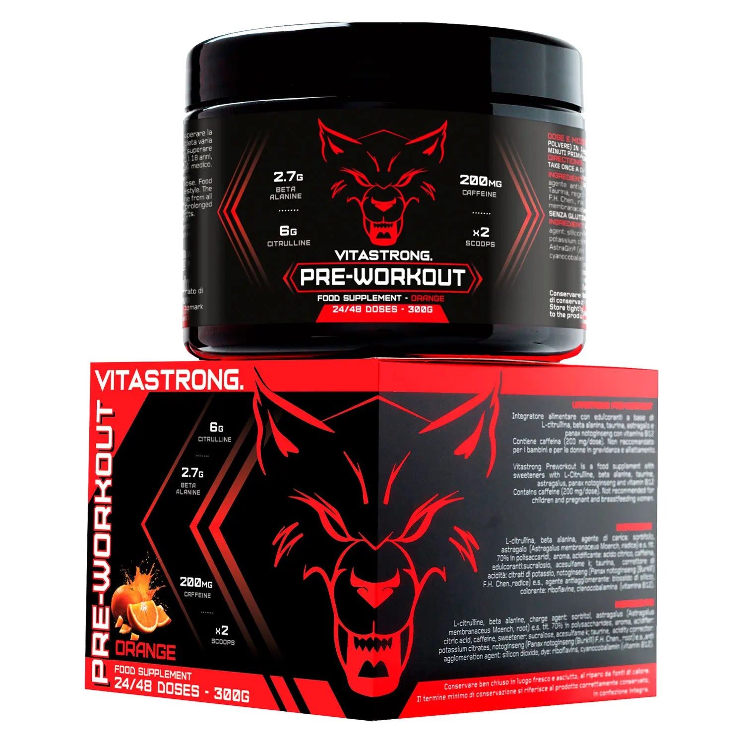 Pre-Workout Powerful 300g - Vegan Supplement with L-Citrulline, Beta-Alanine, Caffeine, Taurine, AstraGin, Panax Notoginseng, Vitastrong (24 Portions, Orange Flavor) - Made in Italy, Preworkout Supplement Powder Ürün ana görseli