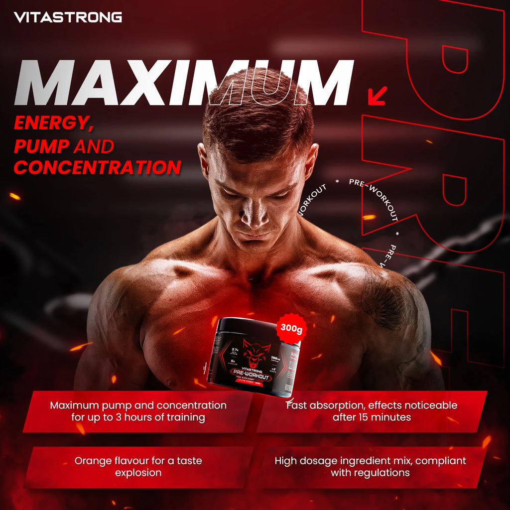Pre-Workout Powerful 300g - Vegan Supplement with L-Citrulline, Beta-Alanine, Caffeine, Taurine, AstraGin, Panax Notoginseng, Vitastrong (24 Portions, Orange Flavor) - Made in Italy, Preworkout Supplement Powder