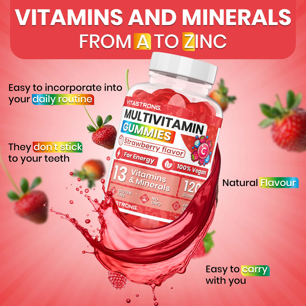 Full Multivitamin 120 Gummy Vitastrong, 13 Vitamins and Minerals, Sucrose-free, Complément Alimentaire Vegan for Adults, Multivitamin with Vitamins, Zinc, Iodine, Folate-For Men and Women