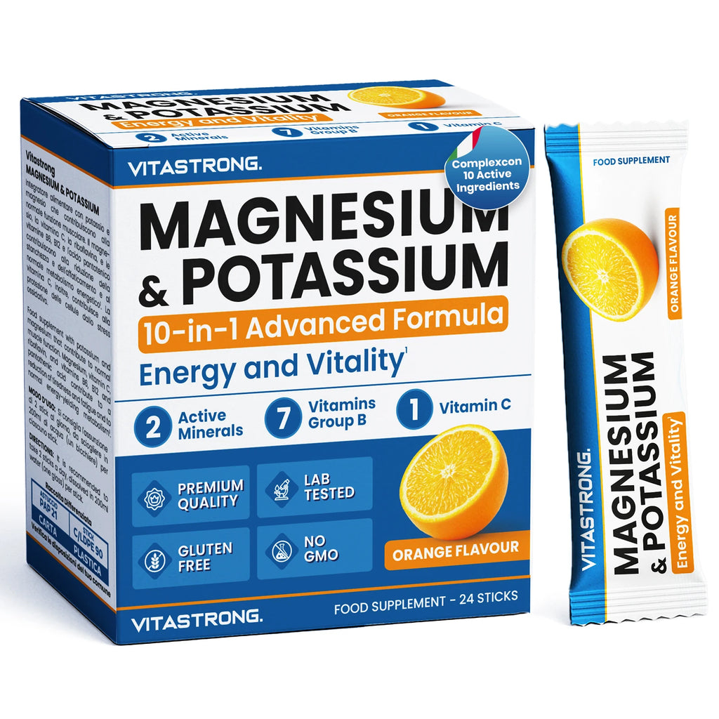 Vitastrong Magnesium & Potassium 10-in-1 Formula - 24 Sticks with Vitamin C and B-Vitamins, Orange Taste, Sucrose-free, GMO-free, Gluten-free