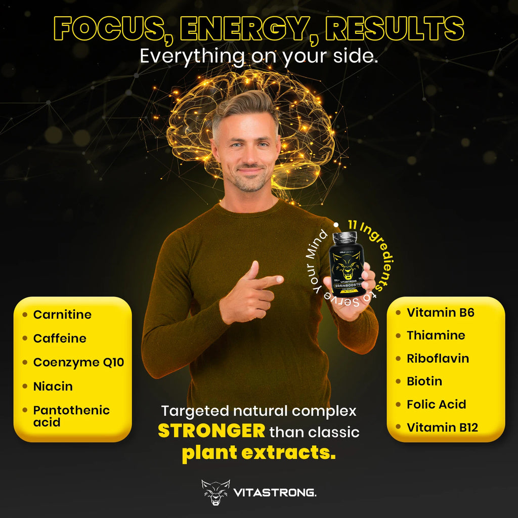 Vitastrong Brain Booster, Powerful Nootropic with Pantothenic Acid for Mental Performance, Caffeine Complex Supplement, Biotin, Carnitine, Coenzyme Q10, Vitamin B6, Vitamin B12 and Folic Acid