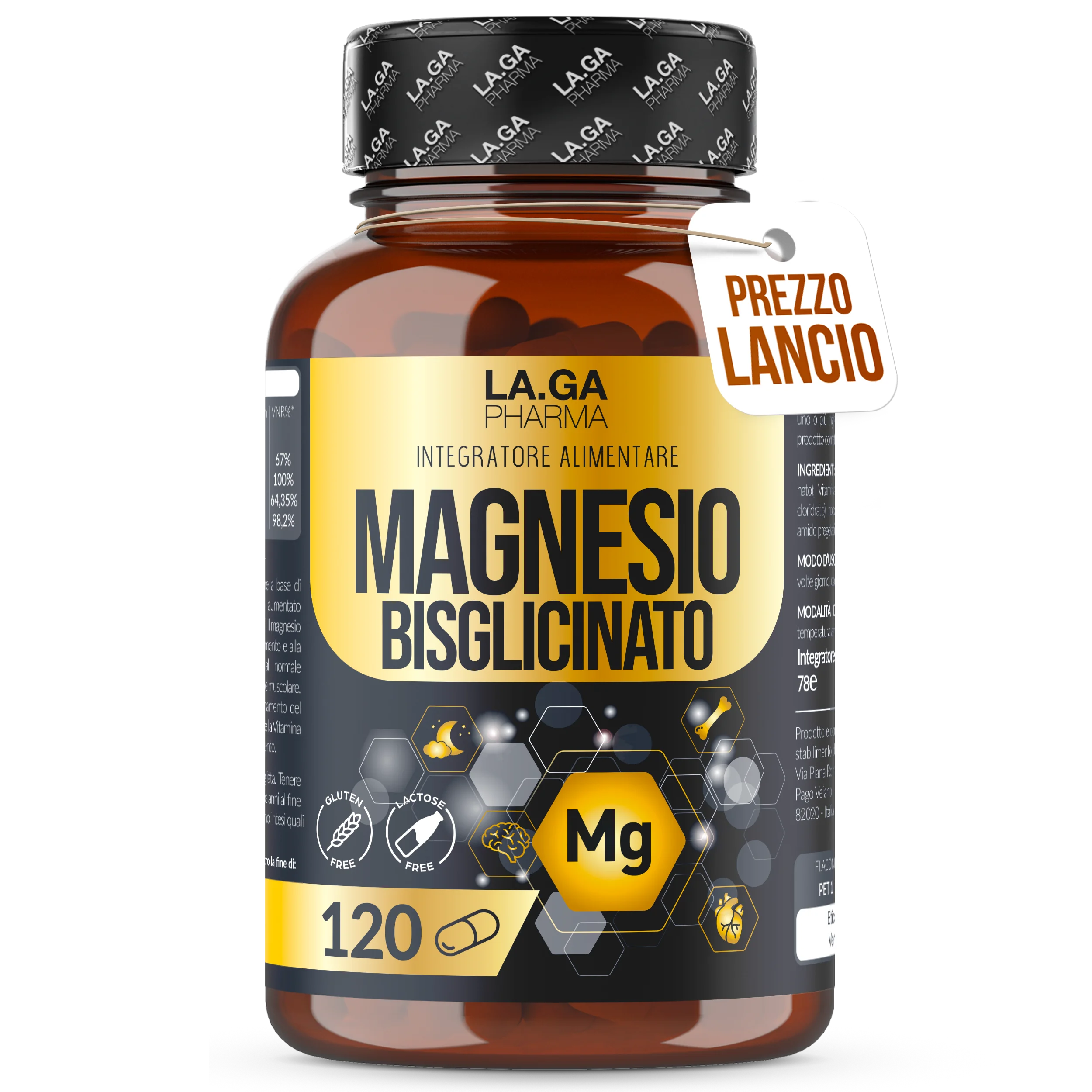 BISGLICINATED MAGNESIUM (Supply Up to 4 Months), Full Magnesium 120 Capsules with Vitamins B5, B6 and B1. Integrator Fatigue and Stress. Gluten-free and Lactose-free, Made In Italy. LAGA PHARMA | LAGA Pharma. LAGA Healthy. LA Ürün ana görseli