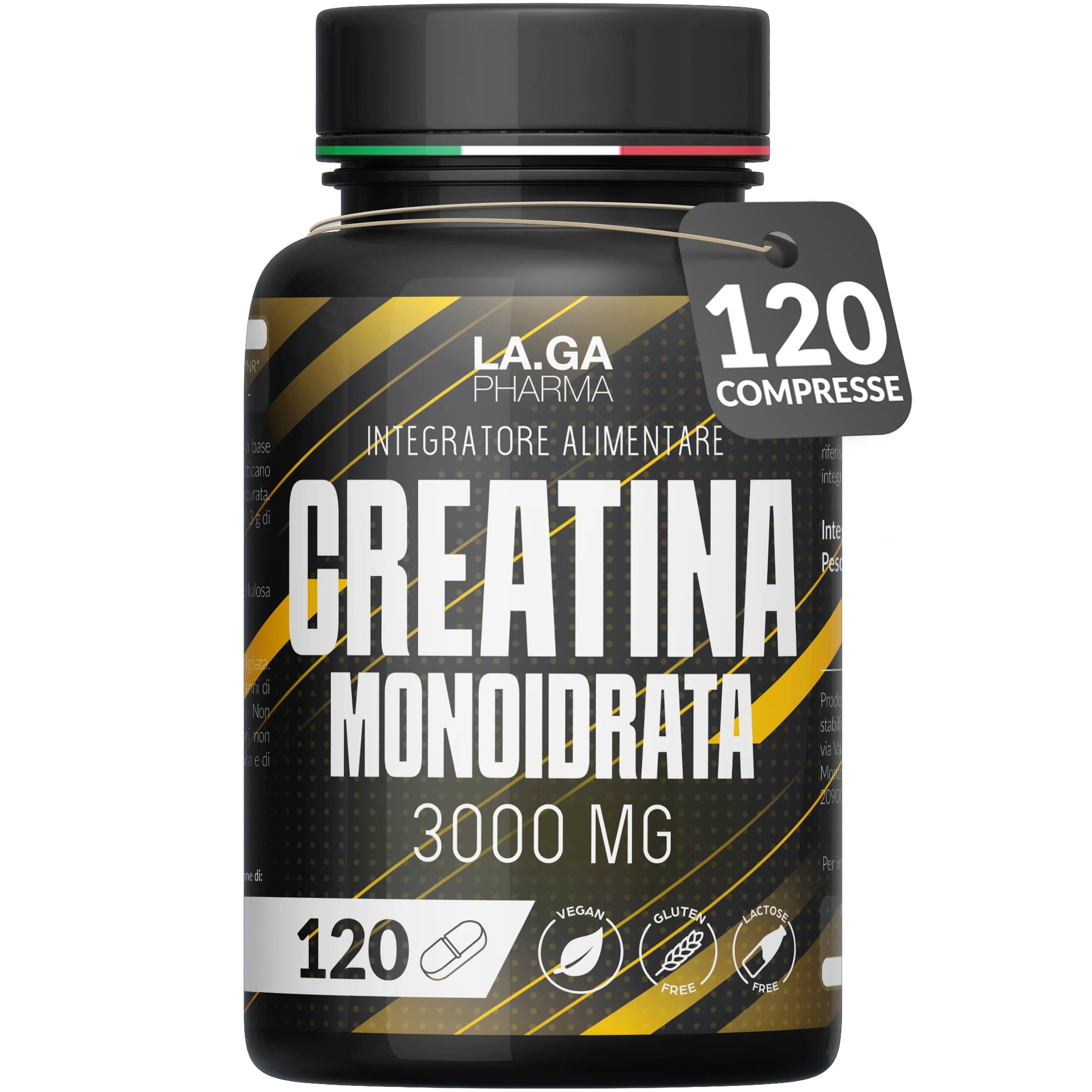 Creatine Monohydrate 120 Tablets of 3000mg Creatin Pure per dose. Creatine Monohydrate for Muscle Mass and Energy Boost. Creatine Pre and Post Workout. Creatine Made in Italy, 100% Vegan | LAGA Pharma. LAGA Healthy. LA.GA | Ürün ana görseli