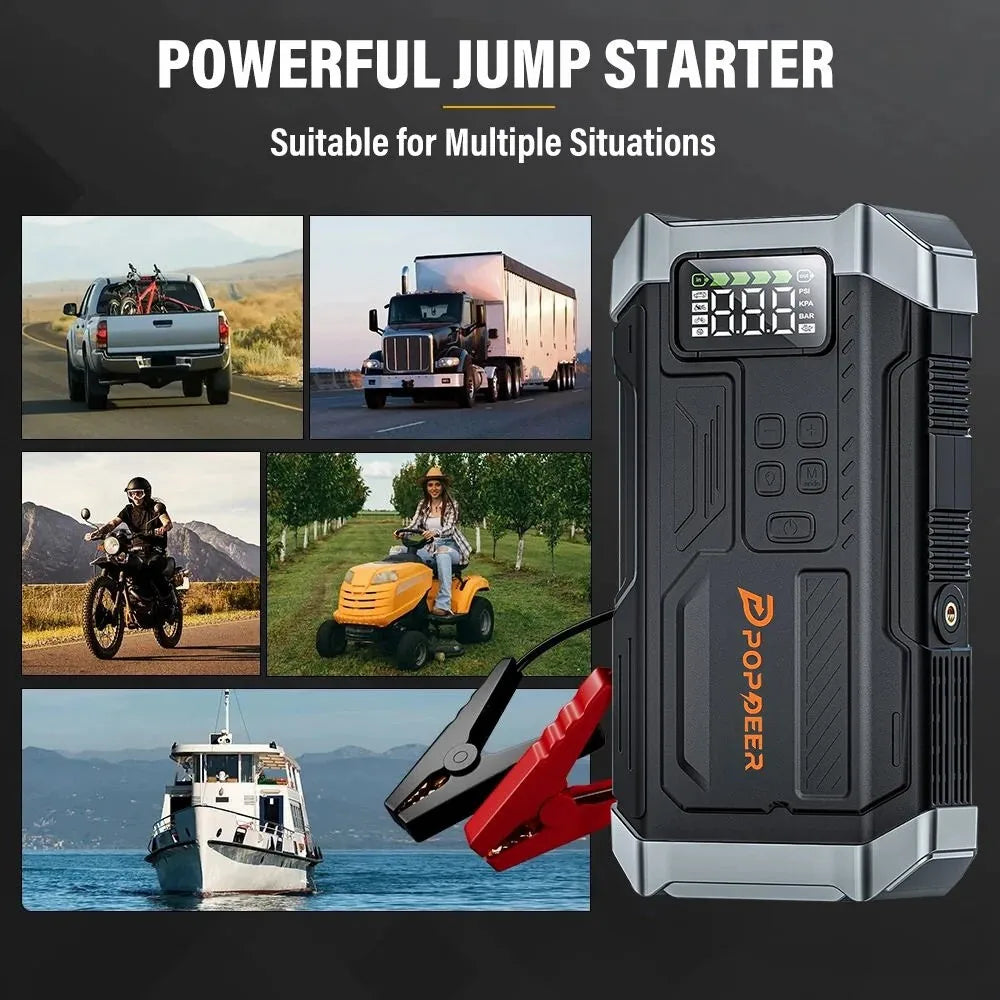 POPDEER PD-JA3 5000A 4-in-1 Jump Starter, 150PSI Air Compressor, 12V QC 3.0 Powerbank with LCD Display, 10L Gas/8L Diesel