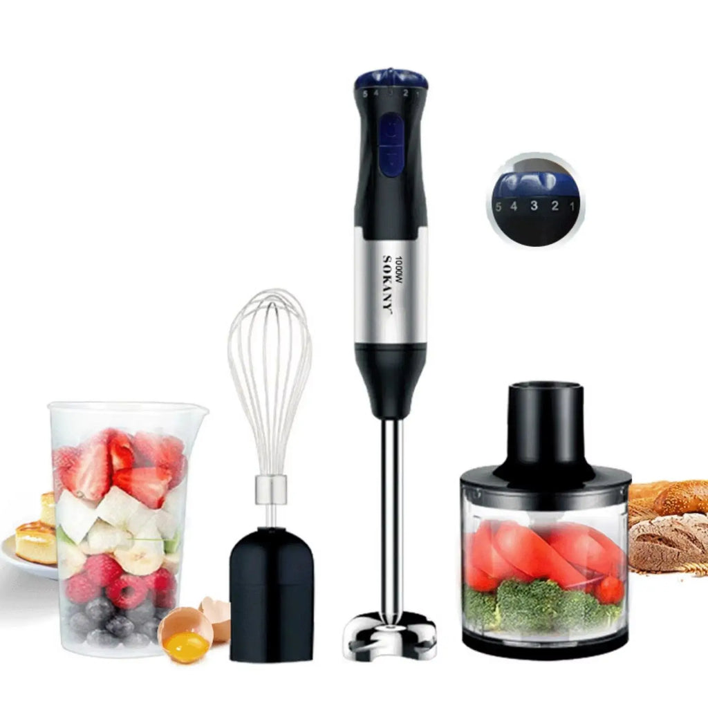 1000W High-Power 4-in-1 Handheld Kitchen Blender Multi-Function Stainless Steel Blender Vegetable and Meat Chopper Whisk and Egg Beater Smoothie and Milkshake Set Baby Food Maker Home Electric Blender, All-in-One Meat Grinder