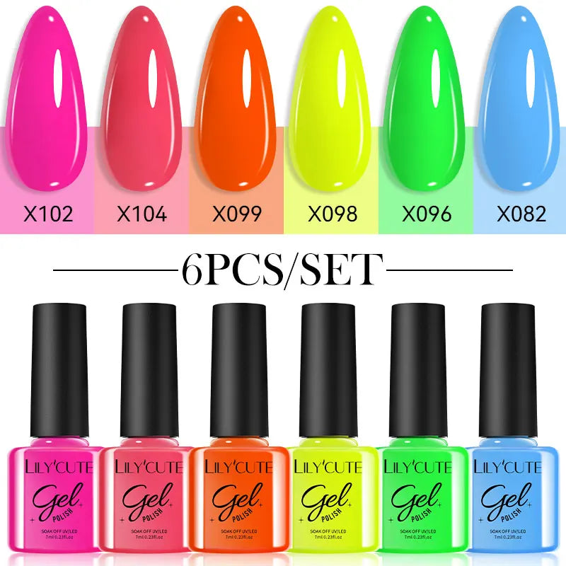 LILYCUTE 6PCS Gel Nail Polish Set Summer Neon Nail Gel Kits For DIY Nail Vernis Semi Permanent UV Lamp Gellak Nail Varnish Set