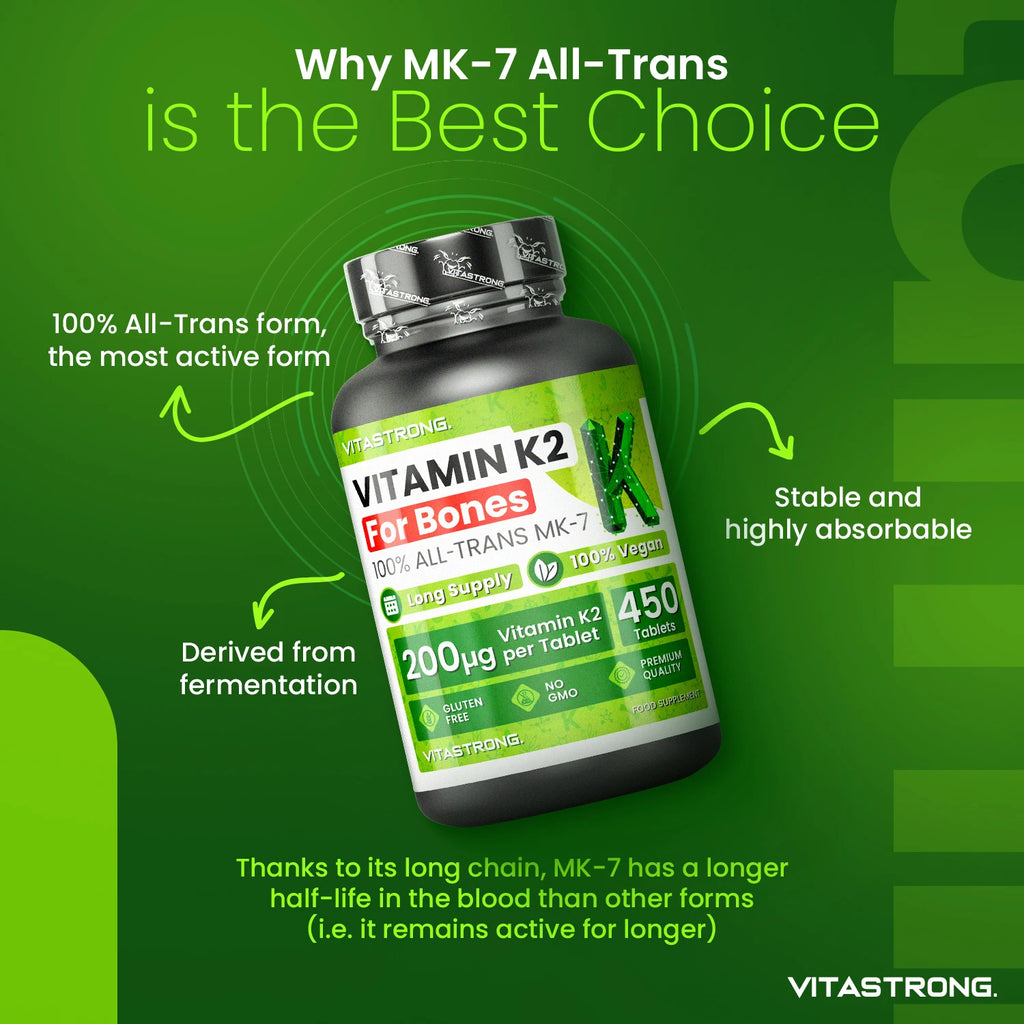 VitaStrong Vitamin K2 200 mcg, High Power, 1 Daily, 450 Tablets, Bone Health, Bone & Muscle support, Food Supplement, Premium Quality, 100% Vegan and Clean Formula