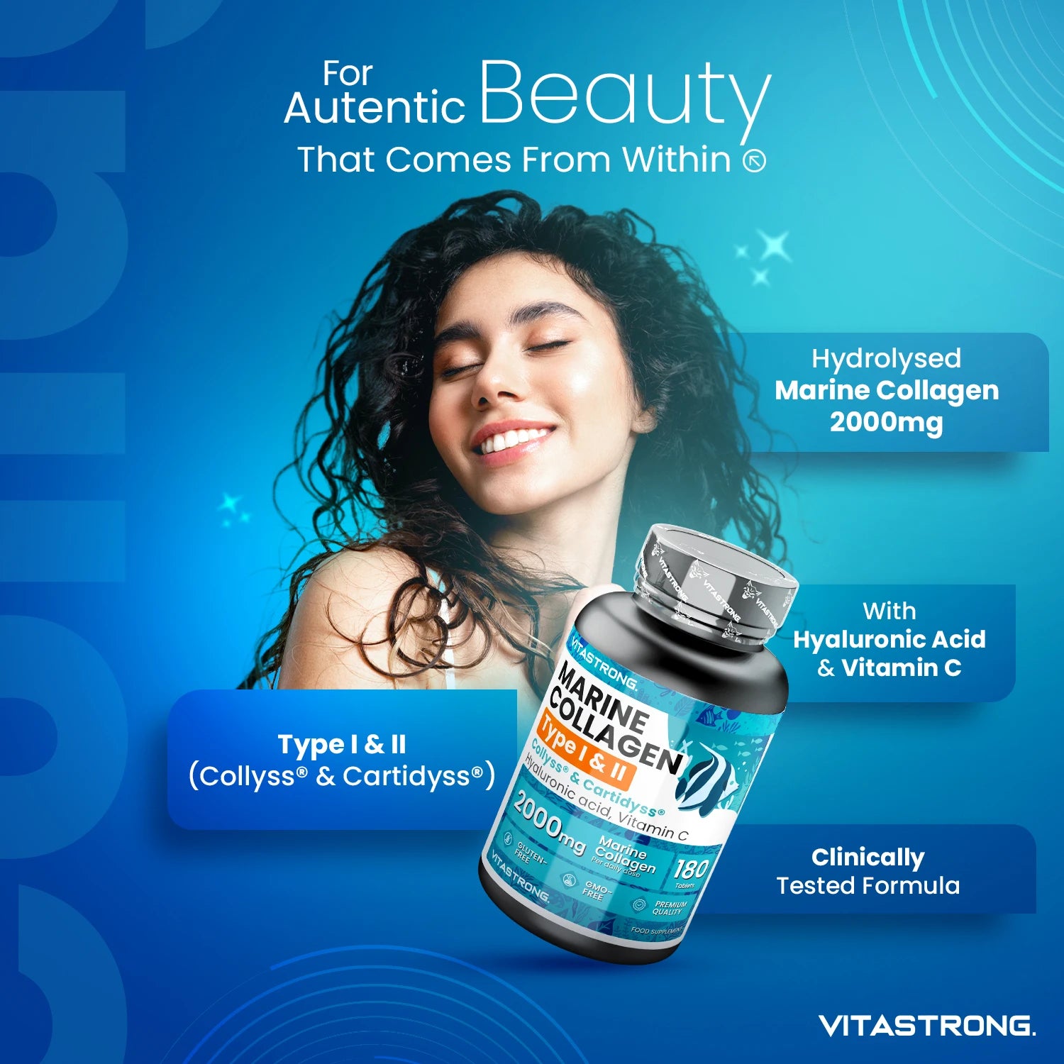 Vitastrong Marine Collagen 2000mg Patented-Type 1 & 2 Collyss®& Cartidyss®-180 Tablets-Marine Collagen with Hyaluronic Acid-with Vitamin C-Effective Formula-Premium Quality Secondary image