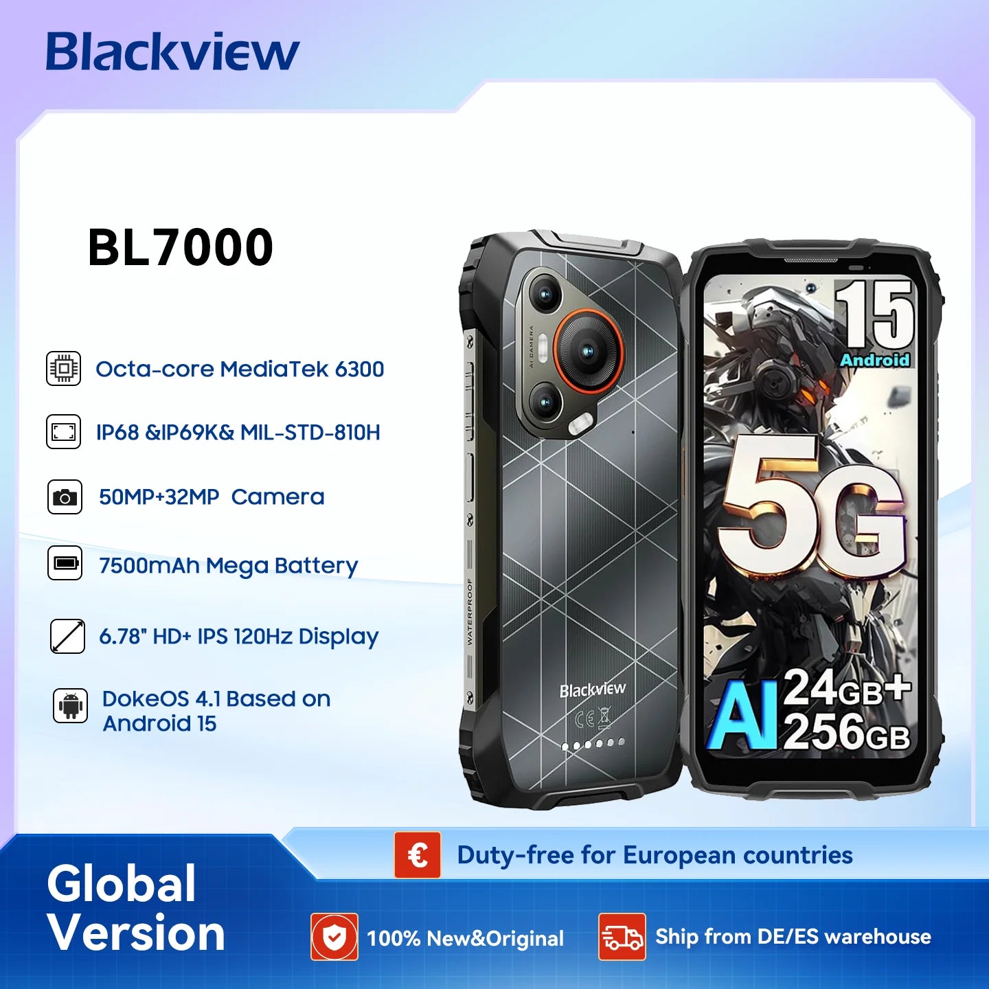 Blackview BL7000 AI 5G Rugged Phone Android 15, MTK 6300, 6.78" FHD+ 120Hz, 7500mAh/33W, Rugged Smartphone Dual SIM NFC/IP69K
