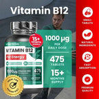 Vitamin B12 1000mcg Vegan, 475 Tablets, 1 per Day (Escort 15 + Months) B12 Vitamin for Energy, Fatigue and Immune System, Vit B12 High Quality Vitamin B 12 Cyanocobalamin Without GMOs