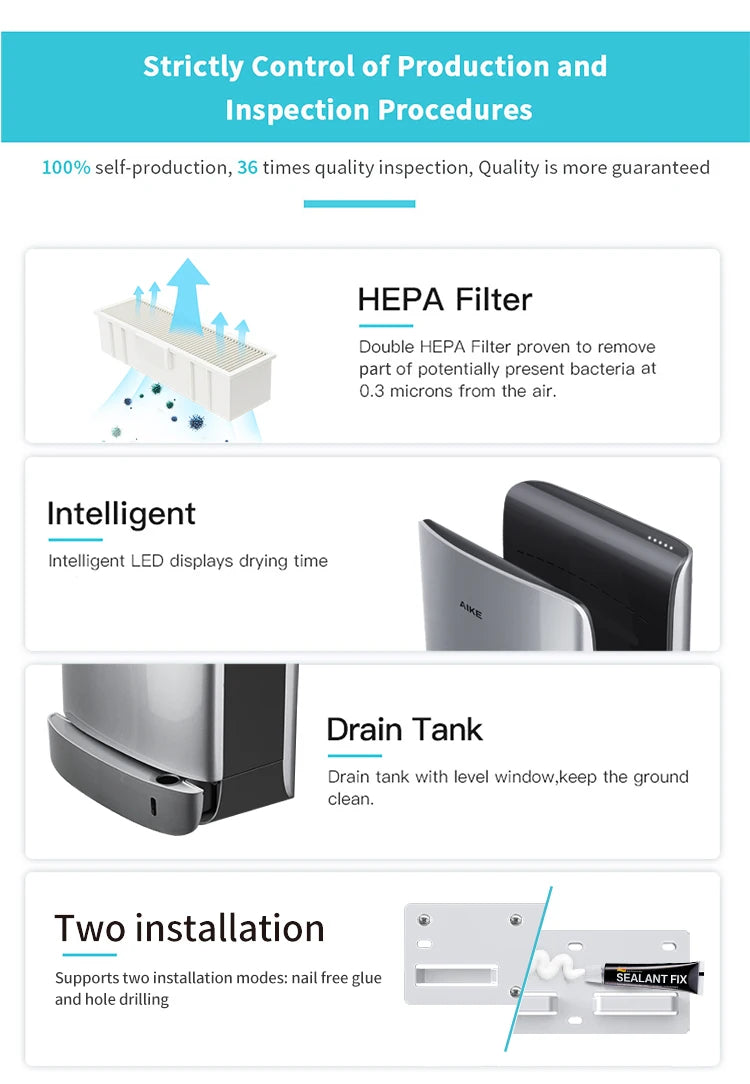 AIKE Automatic Hand Dryer for Bathroom Jet Hand Dryer with HEPA Filtered Vertical Slim Compact High Speed Wall Dryers 1400-1750W