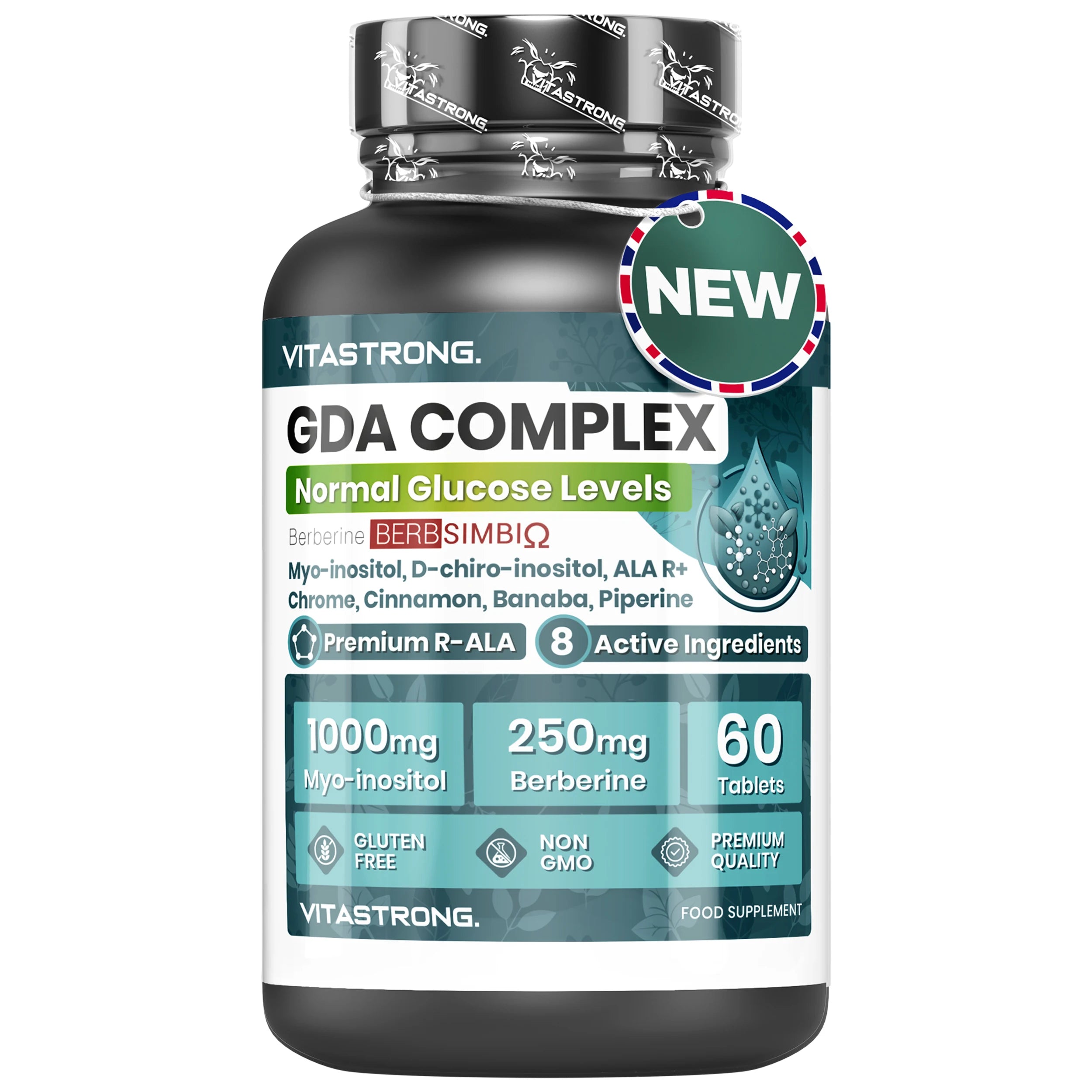 Vitastrong GDA Vegan Supplement-Supports Normal Blood Sugar level, Increases Energy and Metabolism with Berberine, Myo-Inositol and Chromium-60 Tablets, GMO-Free Main image
