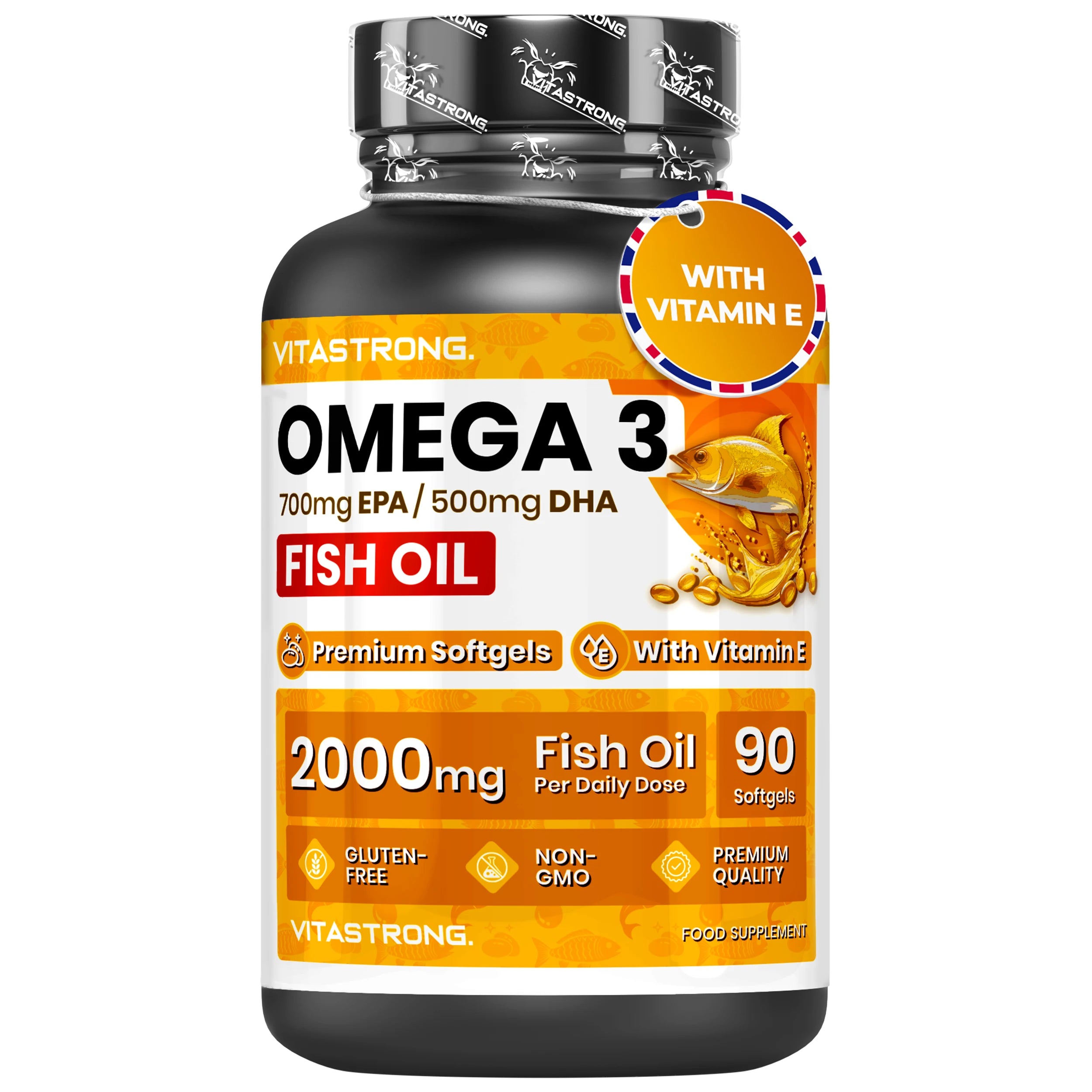 Omega 3 Fish Oil 2000mg High Dosage with Vitamin E, Without Aftertaste, Omega3 Fish Oil (Fish Oil) 700mg EPA 500mg DHA, High Concentration, omega-3 Supplement Pure Heart, Sight, Brain Ürün ana görseli