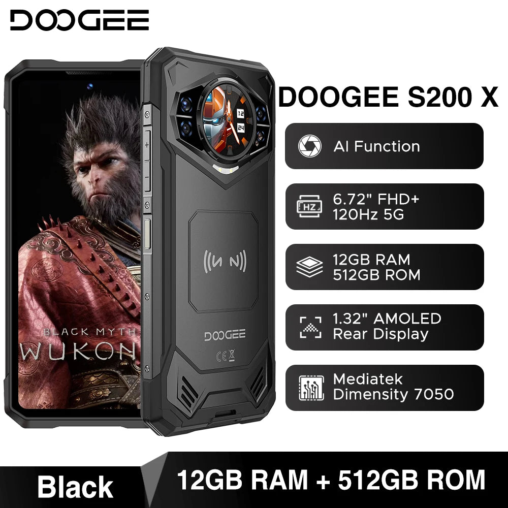 Globe Version DOOGEE S200 X 5G Rugged Phone 6.72" Dimensity 7050 1.32" AMOLED Rear Display 12GB 512GB 10100mAh Battery Phone