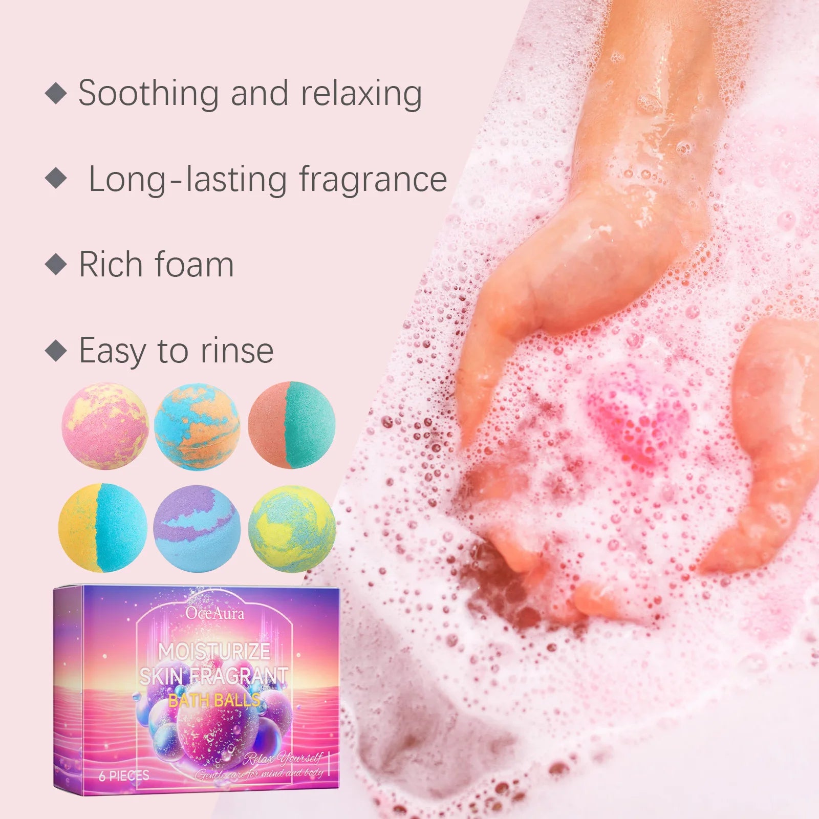 OceAura 6pcs Bubble Bath Bomb Ball Exfoliating Body Nourish Skin Relieve Fatigue Stress Anxiety Clean Pores Body Bath Bomb Set Ürün ana görseli