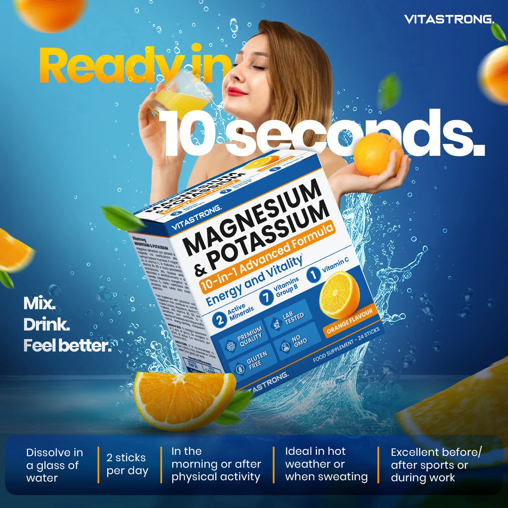 Vitastrong Magnesium & Potassium 10-in-1 Formula - 24 Sticks with Vitamin C and B-Vitamins, Orange Taste, Sucrose-free, GMO-free, Gluten-free