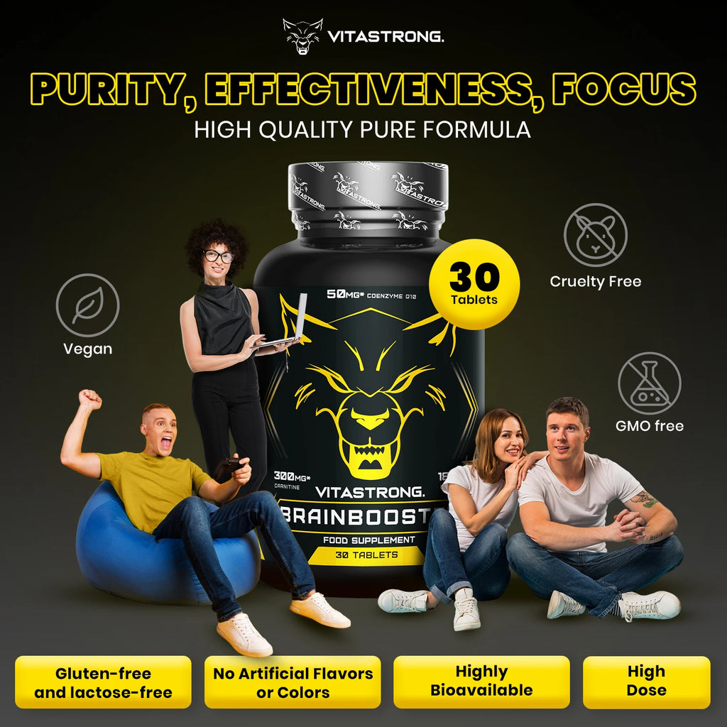 Vitastrong Brain Booster, Powerful Nootropic with Pantothenic Acid for Mental Performance, Caffeine Complex Supplement, Biotin, Carnitine, Coenzyme Q10, Vitamin B6, Vitamin B12 and Folic Acid