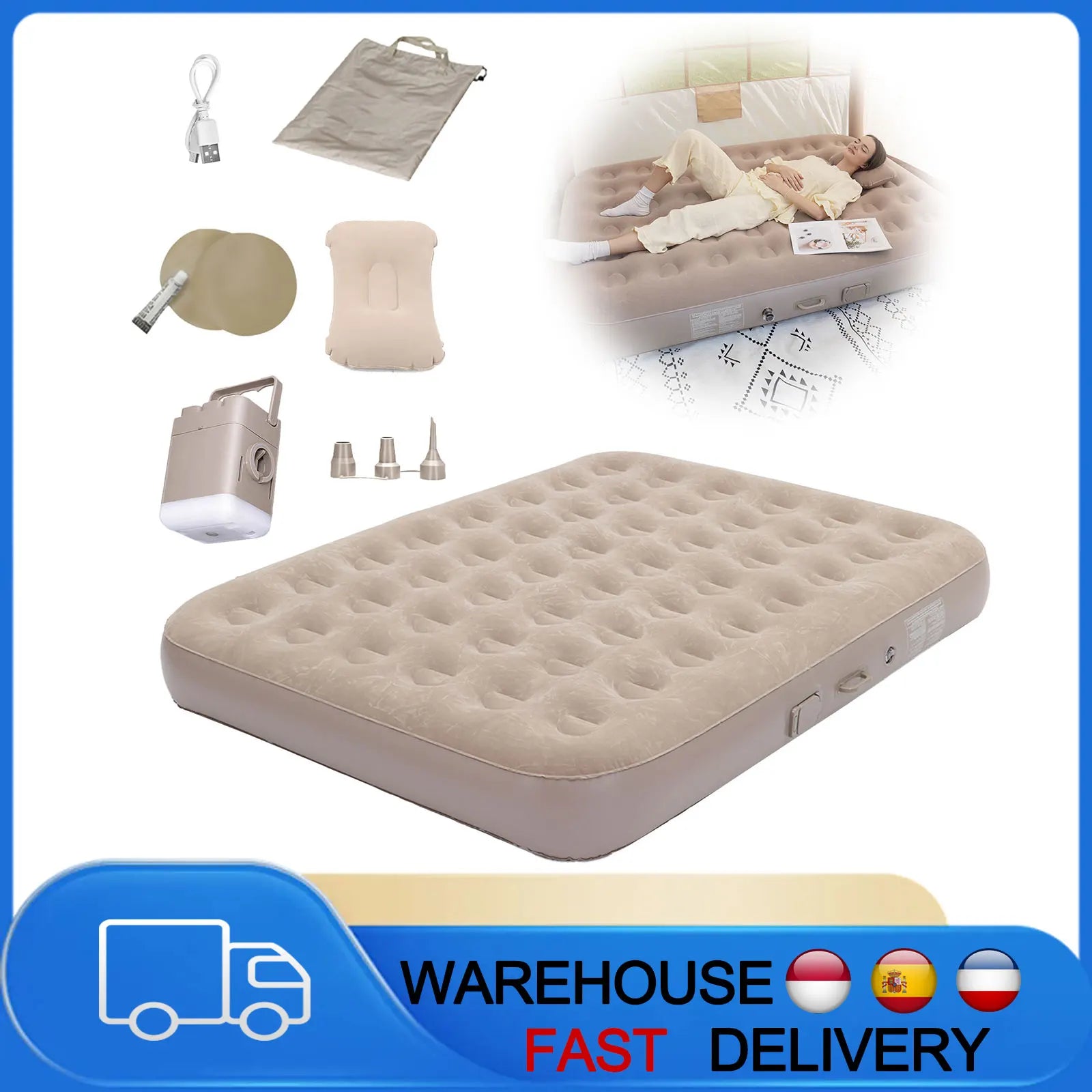 Luxury Double Camping Air Mattress with Integrated Air Pump & LED Light 5 Min Fast Inflate Waterproof Sleeping Pad Ürün ana görseli