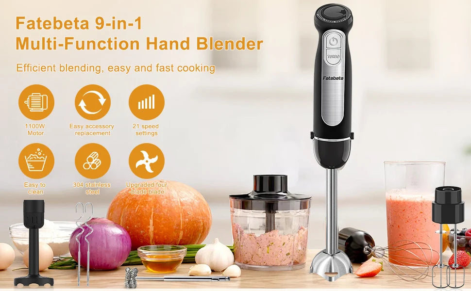 1500W 9-in-1 Immersion Hand Blender, 21 Speeds & Turbo, Includes Whisk, Chopper, Milk Frother & Masher for Blending, Pureeing