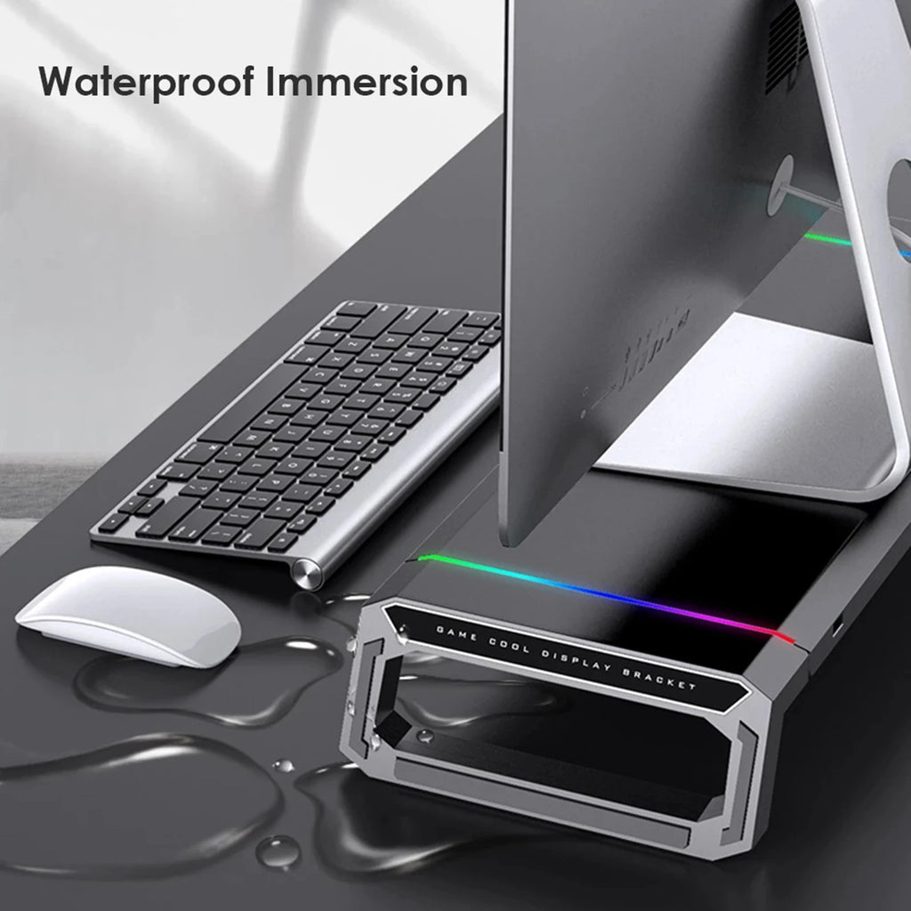 Aluminum RGB Monitor Stand Riser Bracket with 4 USB Ports Desk Organizer All-In-One Computer Laptop Height Stand Holder