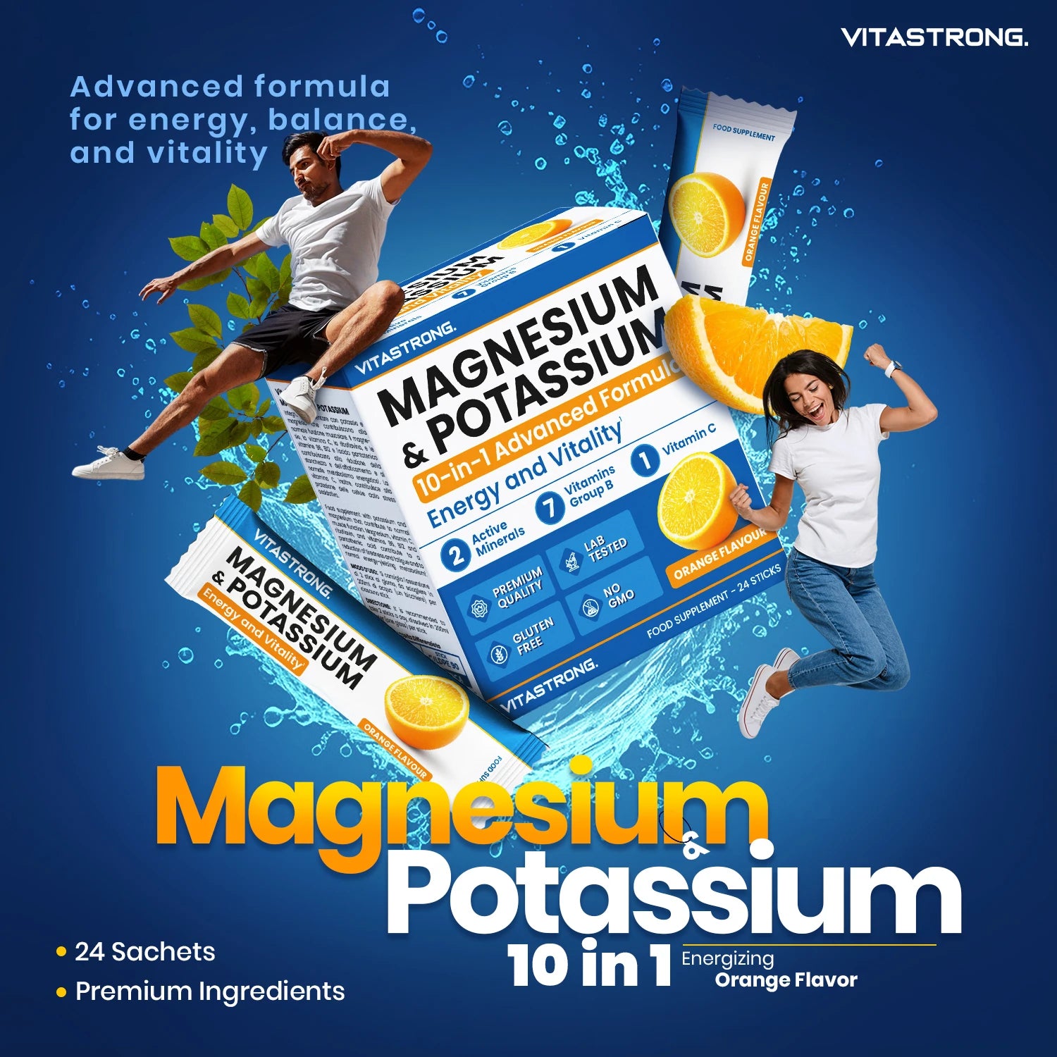 Vitastrong Magnesium & Potassium 10-in-1 Formula - 24 Sticks with Vitamin C and B-Vitamins, Orange Taste, Sucrose-free, GMO-free, Gluten-free