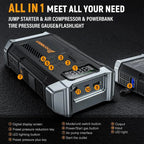 POPDEER PD-JA3 5000A 4-in-1 Jump Starter, 150PSI Air Compressor, 12V QC 3.0 Powerbank with LCD Display, 10L Gas/8L Diesel