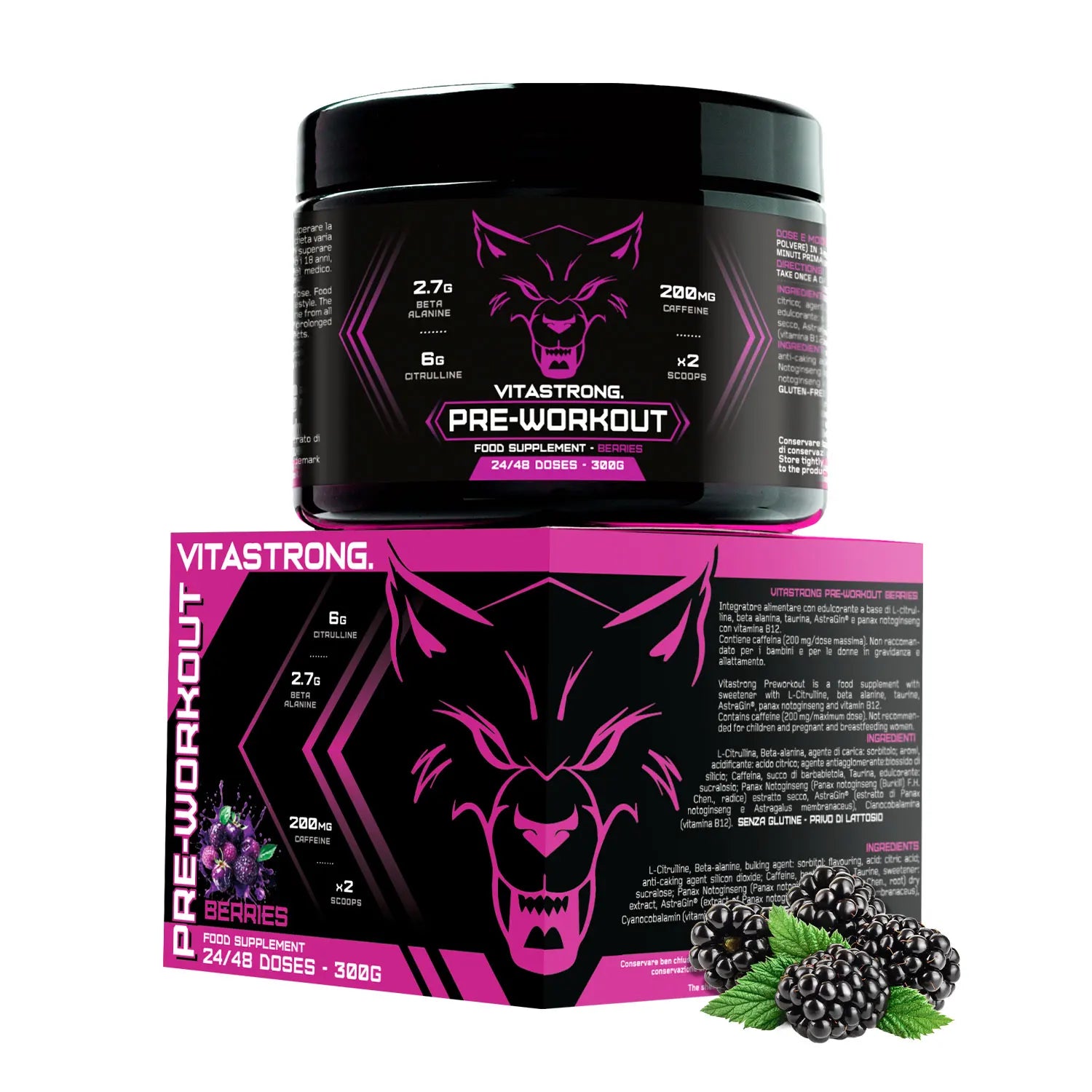Pre-Workout Powerful 300g - Vegan Supplement with L-Citrulline, Beta-Alanine, Caffeine, Taurine, AstraGin, Panax Notoginseng, Vitastrong (24 Portions, Berries Flavor) - Made in Italy, Preworkout Supplement Powder Ürün ana görseli