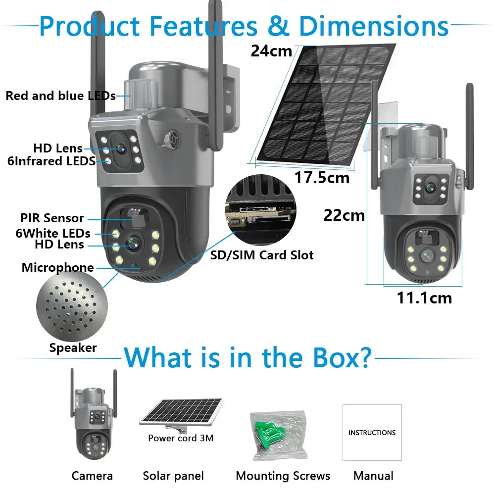 4K 8MP Dual Lens PTZ Solar Camera Dual screen PIR Human Tracking Outdoor WIFI Security CTV Surveillance IP Camera