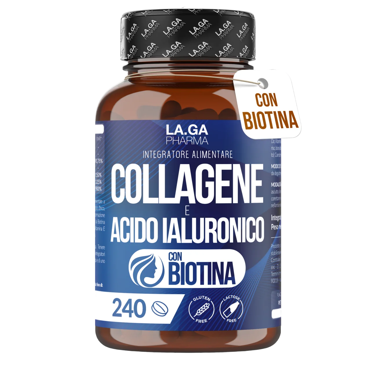 Collagen and Hyaluronic Acid with BIOTIN for Hair, Skin, Nails and Joints. Hydrolyzed Collagen 240 tablets 2000 MG with Zinc, CoQ10 and Vit. C + E for Bones and Strong Tents. Made in Italy | LAGA Pharma. LAGA Healthy. LA.GA | Ürün ana görseli