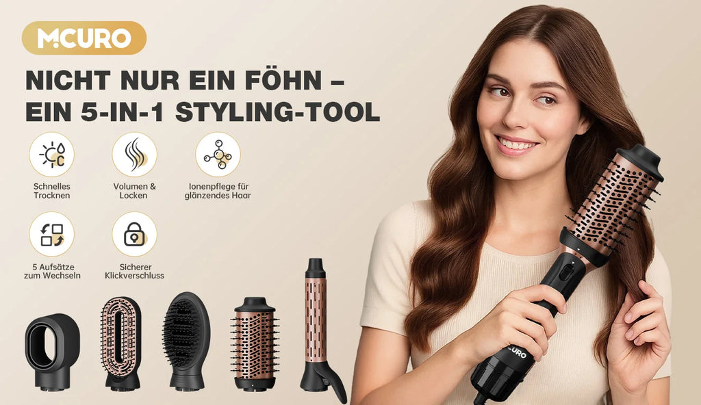 Professional 5-in-1 Hot Air Brush Set, Ionic Technology, 1200W Hair Dryer Styler Tool, 4 Heat Settings, 360° Swivel Cord