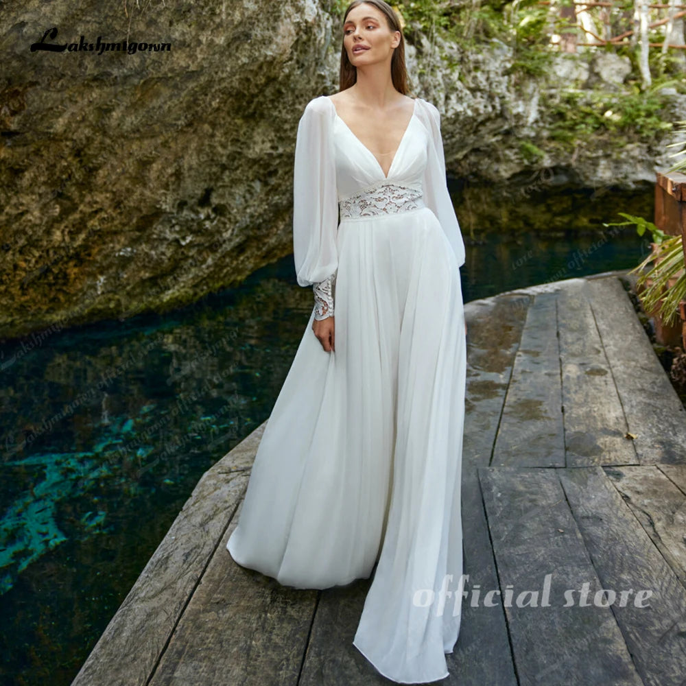 Lakshmigown A-Line Plunging V-neck Lace Appliques Long Sleeves Wedding Dress 2026 Floor-length Backless Bridal Gown Customized