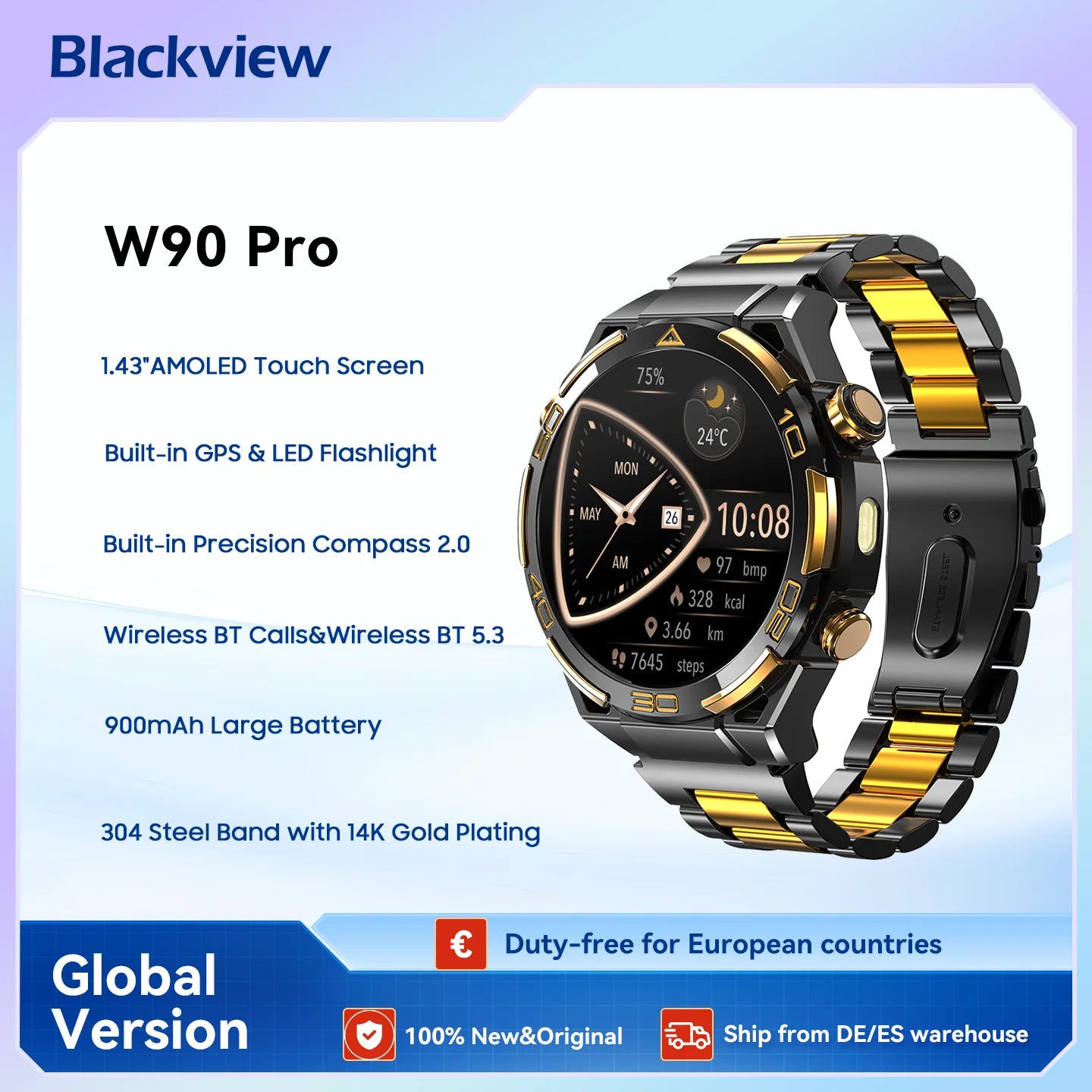 Blackview W90 Pro Smartwatch 1.43" AMOLED Display,Bluetooth Calling,Heart Rate Monitor, 900mAh/ 20Days Standby,Men's Smartwatch Ürün ana görseli