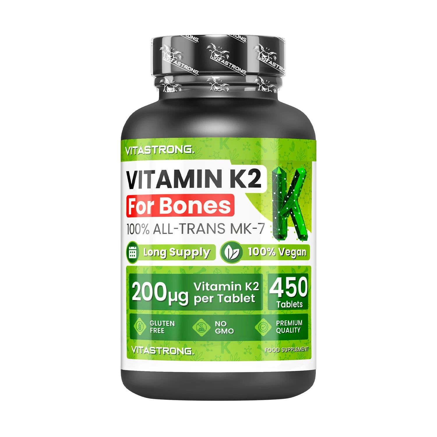 VitaStrong Vitamin K2 200 mcg, High Power, 1 Daily, 450 Tablets, Bone Health, Bone & Muscle support, Food Supplement, Premium Quality, 100% Vegan and Clean Formula Main image