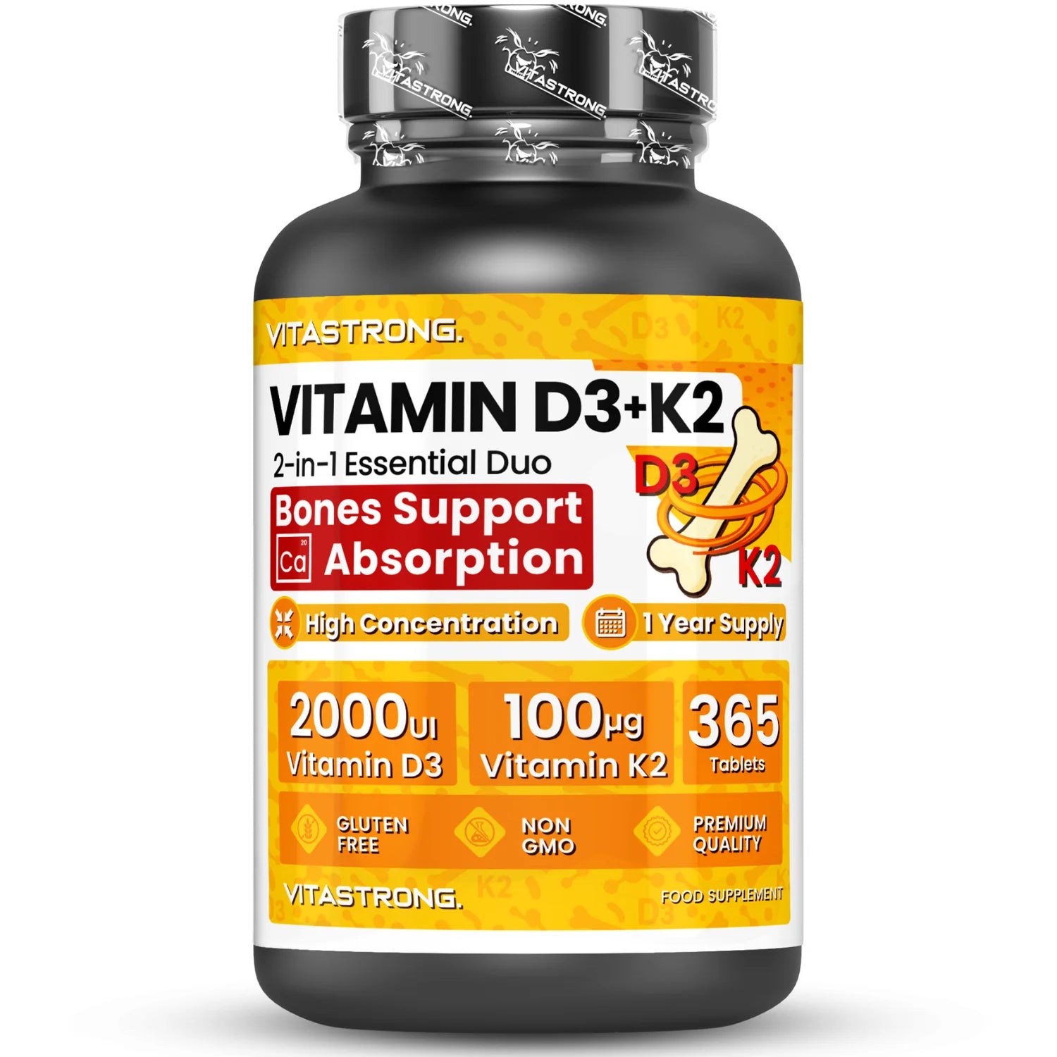 Vitastrong D3 + K2 Vitamin 365 days Tablets 2000 IU, 100 mcg, MK-7 for the support of the immune system, joints, muscles and bones Main image