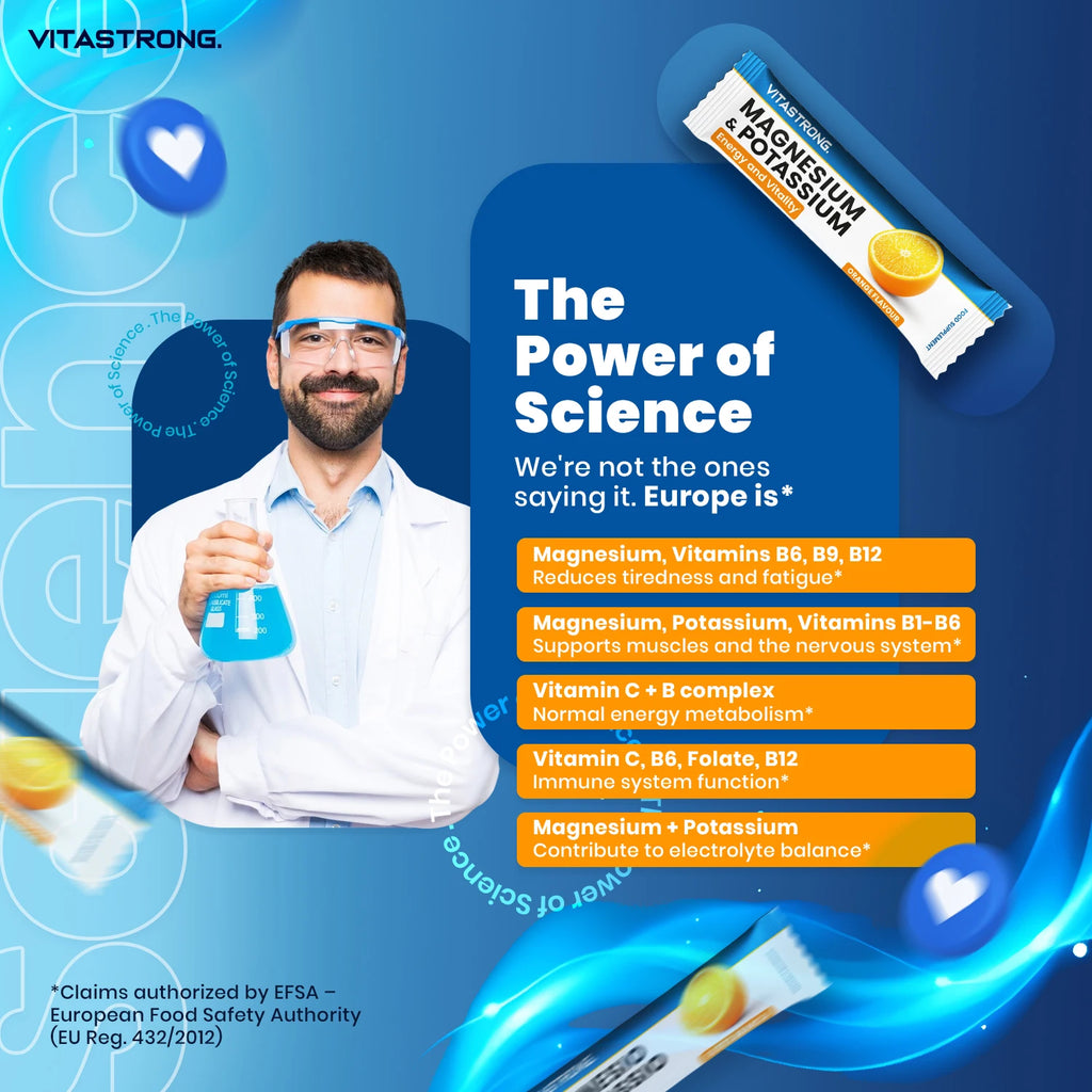 Vitastrong Magnesium & Potassium 10-in-1 Formula - 24 Sticks with Vitamin C and B-Vitamins, Orange Taste, Sucrose-free, GMO-free, Gluten-free