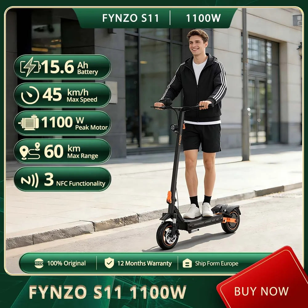 NFC Fynzo S11 Fold E-Scooter 1100W 15.6Ah 45km/h Max Speed Dual Suspension 10" Tubeless Tires 60km Range Front Suspension Fork