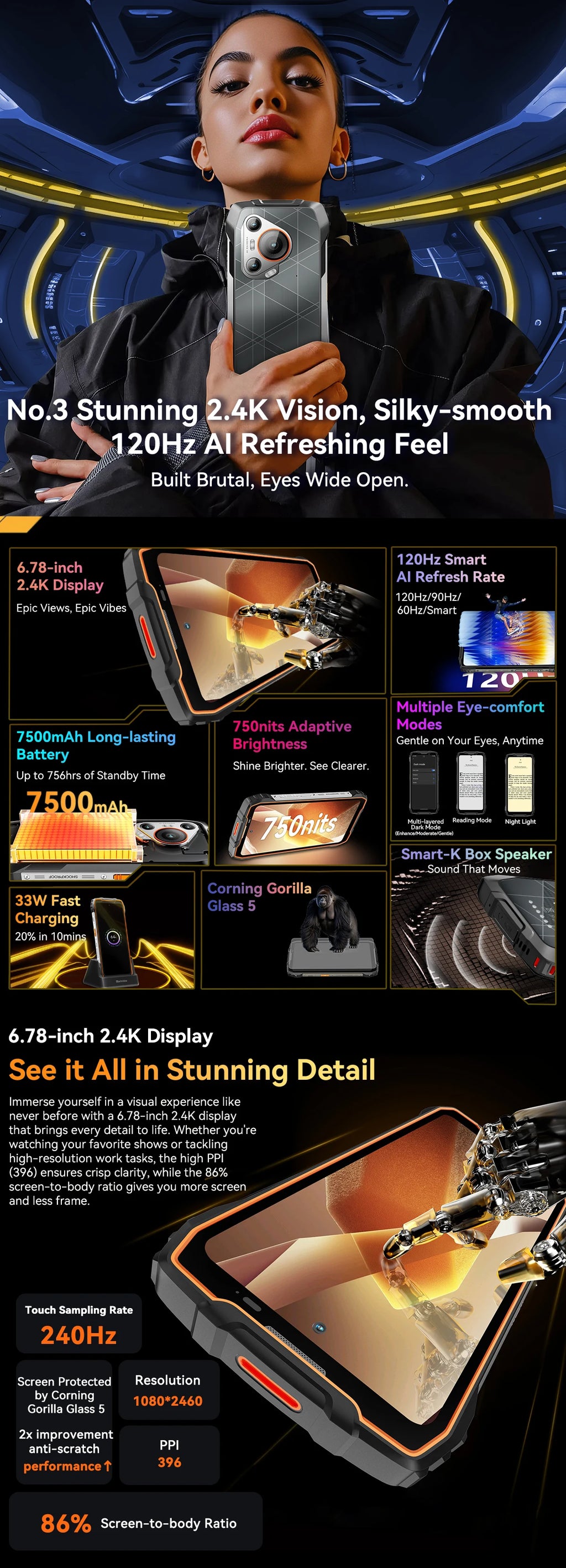 Blackview BL7000 AI 5G Rugged Phone Android 15, MTK 6300, 6.78" FHD+ 120Hz, 7500mAh/33W, Rugged Smartphone Dual SIM NFC/IP69K