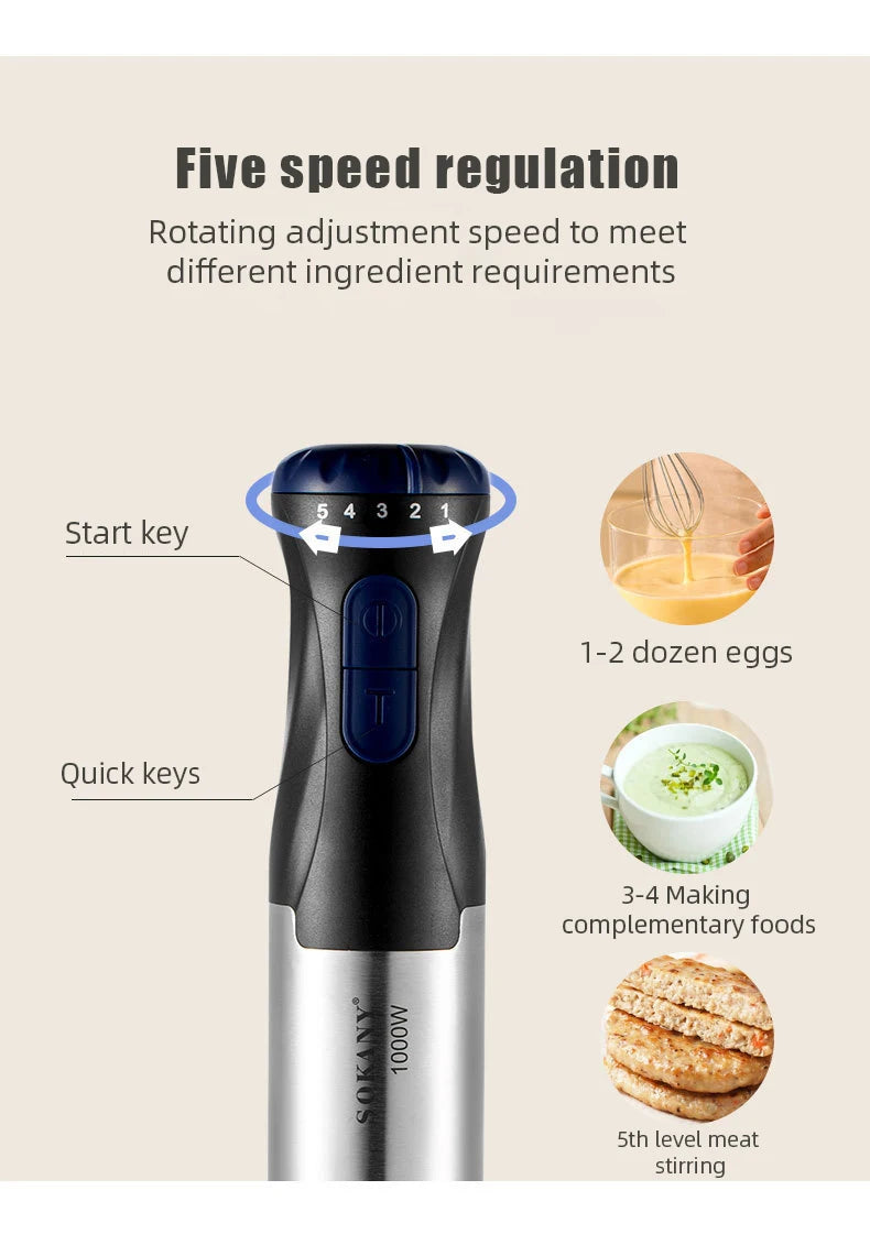 1000W 4-in-1 Electric Hand Blender Immersion Mixer Stainless Steel Stick Food Processor Low Noise 36-45dB for Baby Food Soup Smoothie 220V