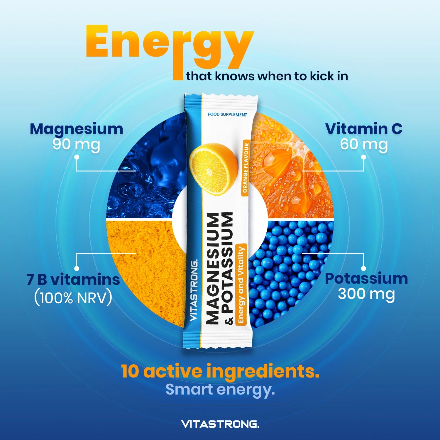 Vitastrong Magnesium & Potassium 10-in-1 Formula - 24 Sticks with Vitamin C and B-Vitamins, Orange Taste, Sucrose-free, GMO-free, Gluten-free