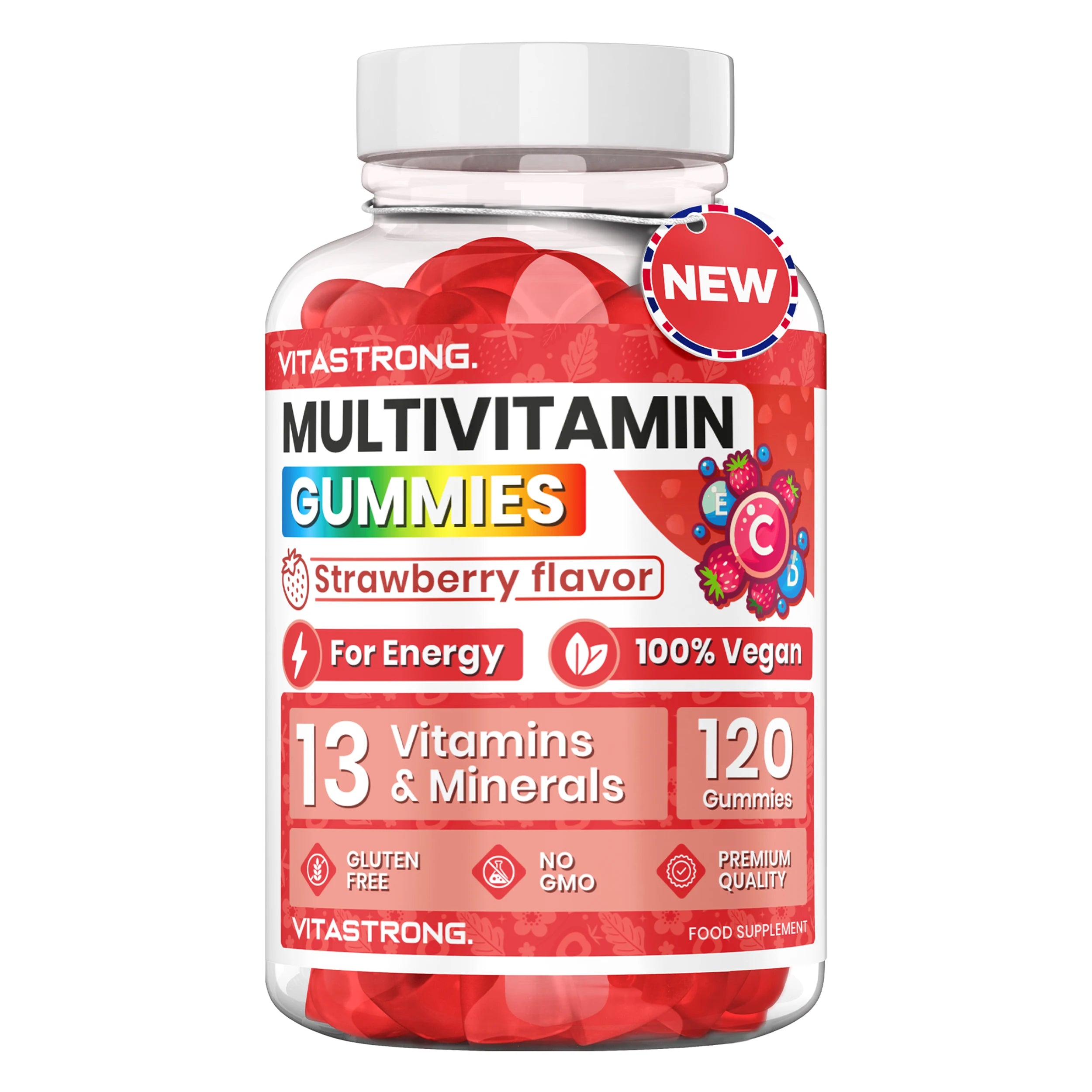 Full Multivitamin 120 Gummy Vitastrong, 13 Vitamins and Minerals, Sucrose-free, Complément Alimentaire Vegan for Adults, Multivitamin with Vitamins, Zinc, Iodine, Folate-For Men and Women Ürün ana görseli