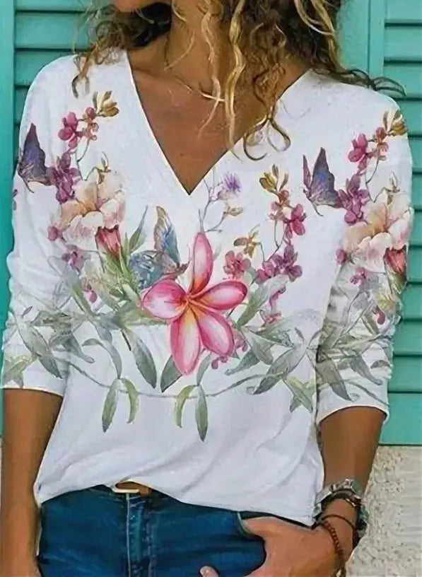 Summer New Boho Flower Blouses Womens Fashion Shirt V-Neck 3/4 Sleeve Flower Print Shirt Tops Casual Loose Ladies Floral Blouse Ürün ana görseli