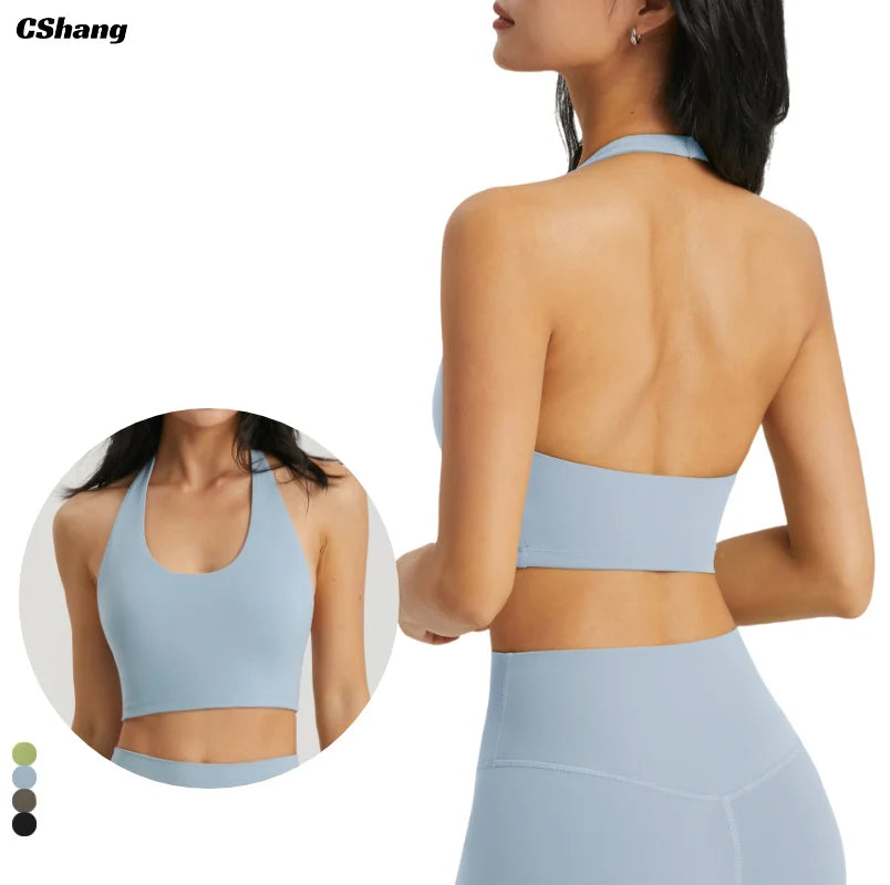 Custom Logo Front/Back Lightweight Backless Fitness Training Halter Bra Workout Yoga Activewear Sports Bra for Women Ürün ana görseli