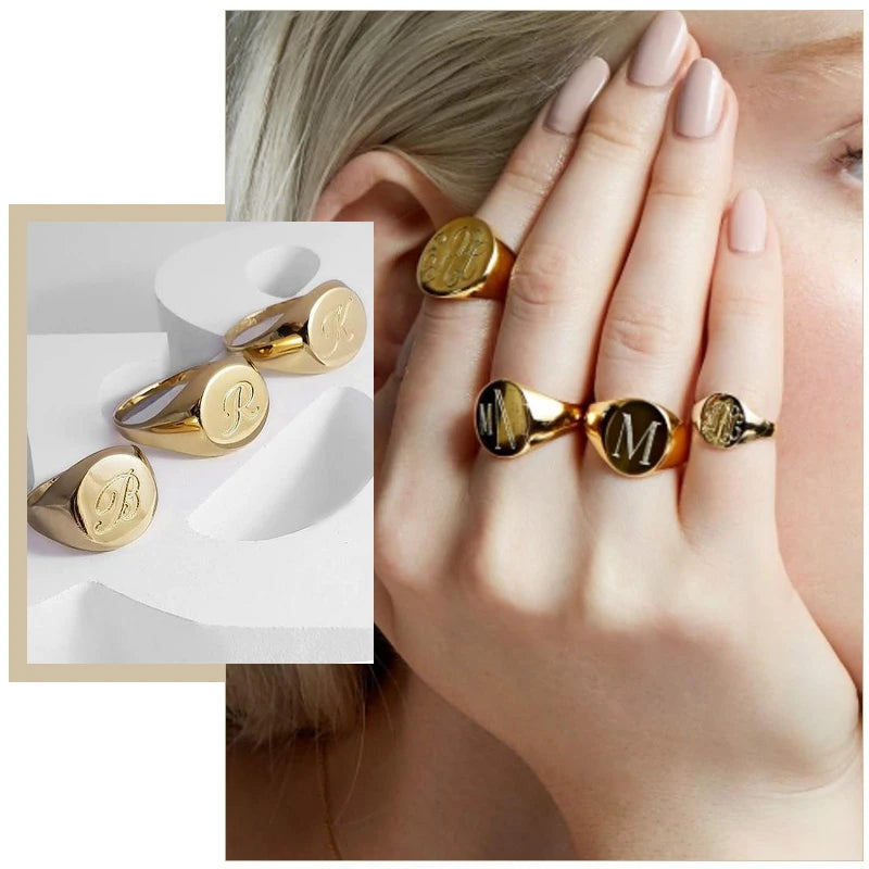 Customized Women Signet Ring, Chunky Round Top Initial Letter Stamp, Stainless Steel Punk Candid Fashion Jewelry Gift To Girls Ürün ana görseli