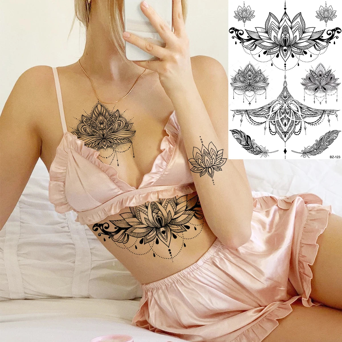 Lotus Henna Mandala Chest Temporary Tattoos For Women Underboob Adult Butterfly Turtle Lion Fake Tattoo Sexy Waterproof Tatoos
