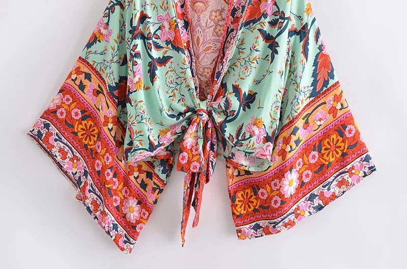 Happie Queens Floral Print Sashes Short  Kimono Women Fashion V Neck Batwing Sleeves Robe Lady Boho Bikini Cover-ups