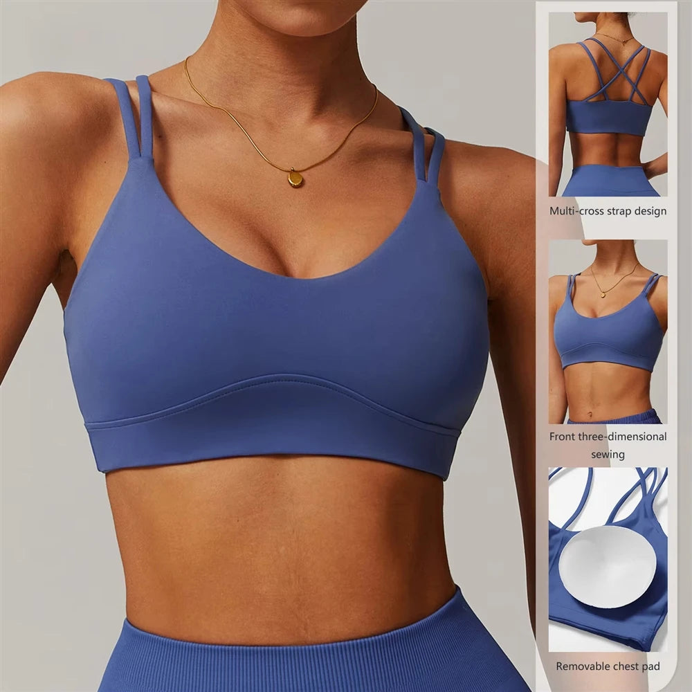 Womens Nude Cross Back Double Shoulder Straps Design High Stretch Push up Top Fitness Yoga Sport Bra Main image