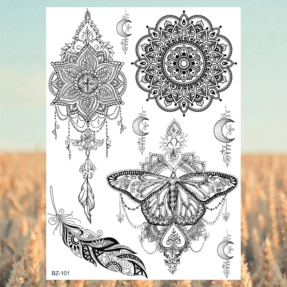 Lotus Henna Mandala Chest Temporary Tattoos For Women Underboob Adult Butterfly Turtle Lion Fake Tattoo Sexy Waterproof Tatoos