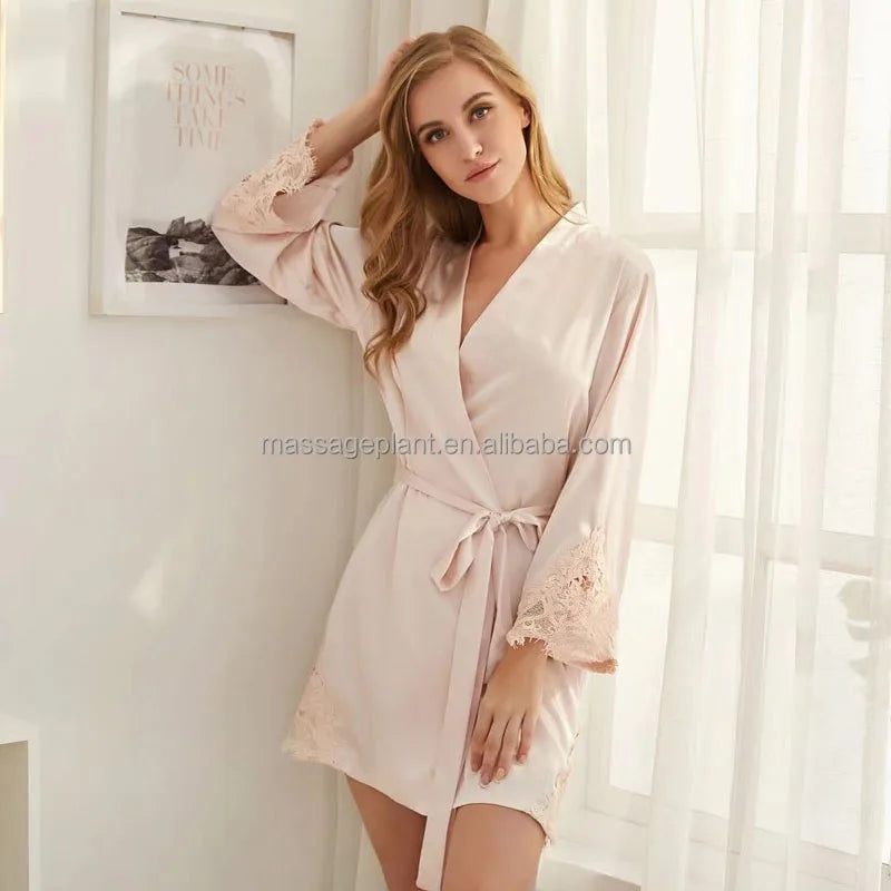 Solid 8209 Bride Wedding Robe Set Women Sleepwear Triangle Lace  Bridesmaid Satin Robe Ürün ana görseli