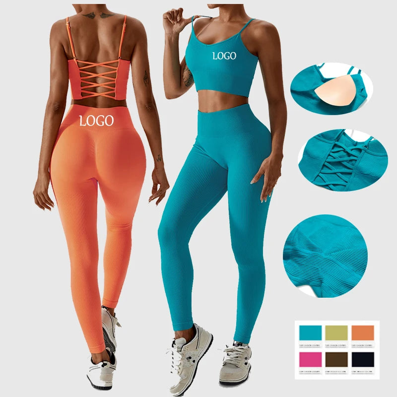 Joyyoung ODM/OEM New Sexy Training Apparel Seamless Ribbed High Impacted Bra Scrunch Shorts Yoga Sets Fitness Sports Clothing Ürün ana görseli